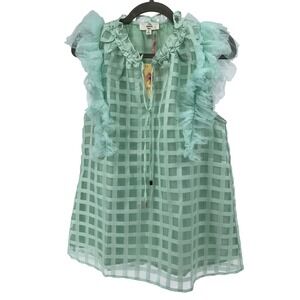 Entro Mint Green Windowpane Check Ruffle Tulle Trim Sleeveless Blouse NWT Medium